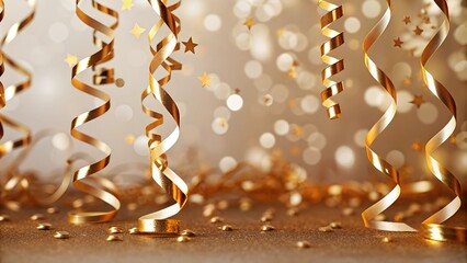 Golden festive Christmas template with streamer ribbon, confetti and decor on gold foil background, glitter, bokeh.