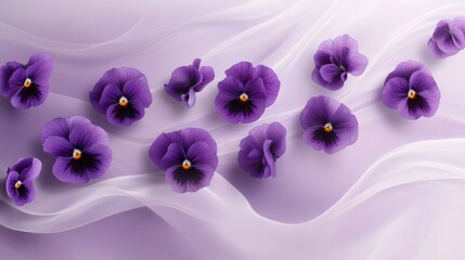 Purple pansy flowers arranged in a flowing wave pattern, their petals slightly fluttering, set against a smooth lavender background with soft misty light filtering through.