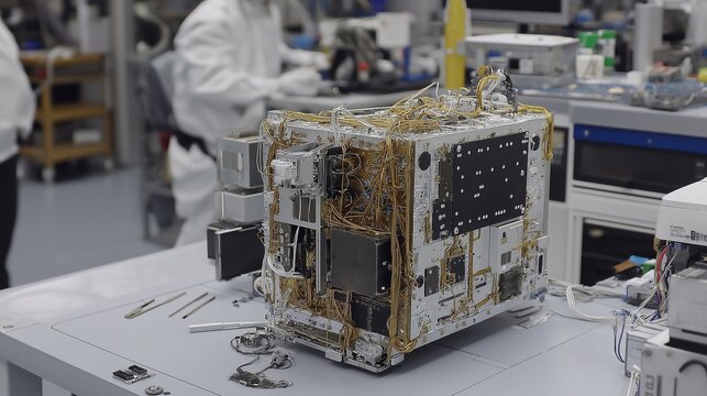 Technician assembling satellite components in a cleanroom with precision. Aerospace technology, electronic manufacturing,innovative technology, spacecraft manufacturing, space exploration