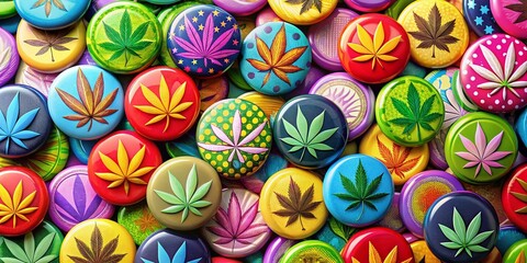 Fototapeta premium Aerial Photography of Vibrant Cannabis Marijuana Leaf Logos Set Against Colorful Circular Buttons for Branding and Marketing Purposes