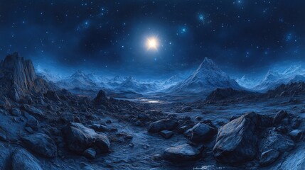 Naklejka premium Celestial Nightscape: A Serene Alien Landscape Under a Starry Sky