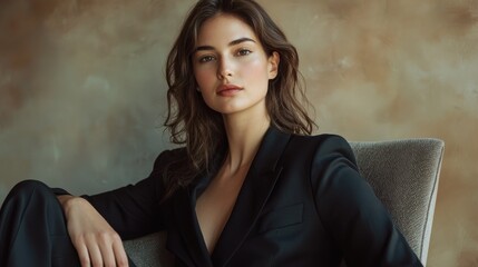 A confident woman sitting in a minimalist chair with a soft-colored background her attire professional and her gaze forward representing elegance and poise in a simple refined setting