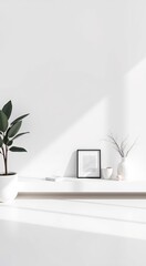 Minimalist white shelf with a potted plant, a framed picture, a vase, and a decorative object.