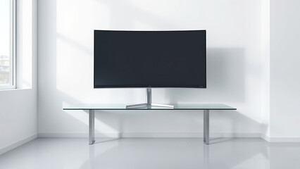 Fototapeta premium A curved monitor sitting on top of a modern glass shelf in a minimalist room, clean lines, tech gadget