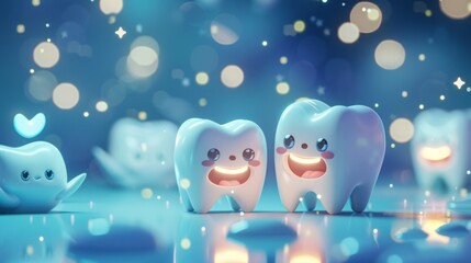 Fototapeta premium Two smiling tooth characters with glowing faces on a sparkling blue background. 3D illustration in playful style. Oral hygiene and dental care concept for children. Generative AI