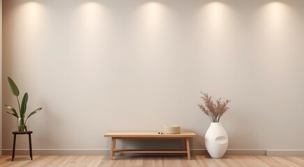 Minimalist interior with a wooden bench and a white vase with dried flowers against a beige wall.