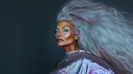 Landscape-oriented photo of beautiful mature woman with  long silver hair and glitter makeup, studio photo