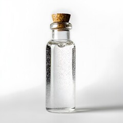 Small glass bottle with cork stopper, filled with clear liquid against white background.
