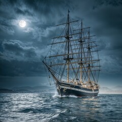 Fototapeta premium A sailing ship with tall masts sails on a tumultuous sea, the soft glow of the moon in the night sky.