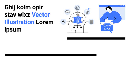 Human head with AI chip, icons of gears, nodes, globe, person receiving cash back in blue. Ideal for technology, AI, fin-tech, startups, web design, marketing, and education. Landing page