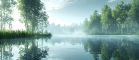 A serene, misty morning by a tranquil lake, surrounded by lush green trees reflecting softly on the water's surface, creating a calm and peaceful atmosphere.