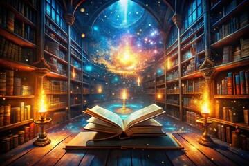 Aerial View of a Glowing Magic Book in a Wizard's Library Surrounded by Ancient Tomes and Enigmatic Artifacts for a Captivating Time-Lapse Animation Background