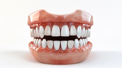 Fototapeta premium 3D anatomical model of human teeth and gums with detailed upper and lower jaw structure on a white background. Educational tool for dental studies, orthodontics, and medical research. Generative AI