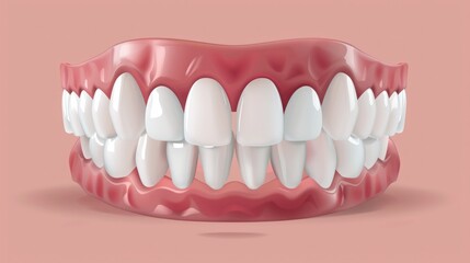 Obraz premium 3D anatomical model of human teeth and gums showing upper and lower jaw alignment in detail on a pink background. Educational tool for dental studies, orthodontics, and prosthetic design. Generative A
