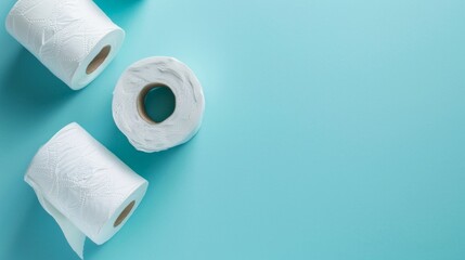 Several rolls of toilet paper lying on blue background. Copy space