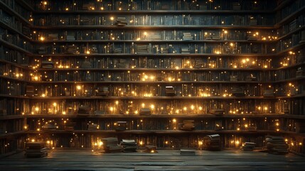 Obraz premium Enchanted Library with Warm Golden Light: A Magical Bookcase Design