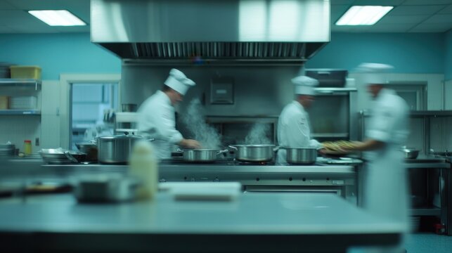 A busy kitchen scene with chefs preparing meals, showcasing a dynamic culinary environment filled with motion and professional equipment.