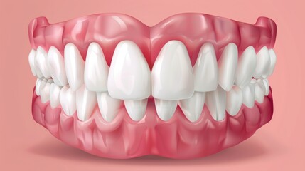 Obraz premium 3D render of full teeth and gums anatomy on a pink background. Detailed visualization for dentistry, oral health, and orthodontics. Generative AI
