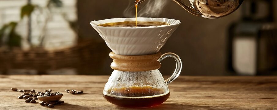 Artisanal Pour Over Coffee Brewing with Ceramic Dripper and Warm Morning Light