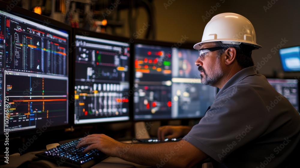 Wall mural a focused worker in a hard hat operates multiple computer screens displaying data and graphs, indica
