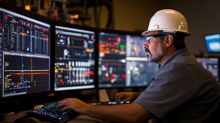 A focused worker in a hard hat operates multiple computer screens displaying data and graphs, indicating a technical or industrial environment.