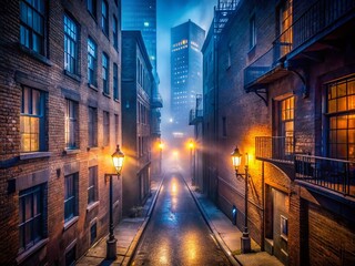 Fototapeta premium Aerial View of a Misty Urban Alleyway at Night Surrounded by Tall Buildings and Illuminated by Streetlights on a Foggy Evening