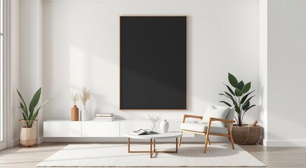 Minimalist living room with a black framed poster above a white media console, a wooden armchair, and a round coffee table.