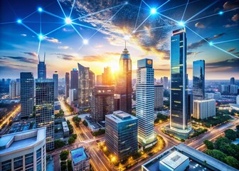 Fototapeta premium Aerial View of a Modern Business District Symbolizing Digital Transformation and Innovative Corporate Strategies with Vibrant Urban Landscape and Technology Integration
