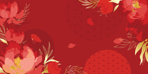 Chinese new year luxury pattern background vector. Oriental peony flower and leaves gold line art on red background. Design illustration for wallpaper, poster, banner, packaging, advertising. © babeer