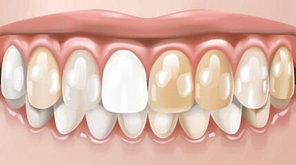 Illustration of teeth showing whitening progression from stained to clean. Detailed depiction of enamel discoloration and dental care improvement for oral hygiene education. Generative AI