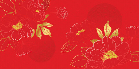 Chinese new year luxury pattern background vector. Oriental peony flower and leaves gold line art on red background. Design illustration for wallpaper, poster, banner, packaging, advertising. © babeer