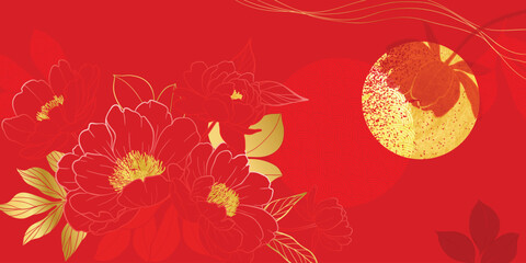 Chinese new year luxury pattern background vector. Oriental peony flower and leaves gold line art on red background. Design illustration for wallpaper, poster, banner, packaging, advertising.