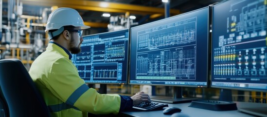 An industrial worker monitors multiple screens displaying data and metrics in a control room, wearing safety gear and focused on operations.