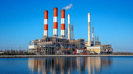 Obraz premium Industrial Power Plant by the Water Under a Blue Sky