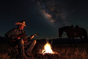 A cowboy sitting by a campfire under a starry night sky, playing an acoustic guitar while his horse stands nearby.