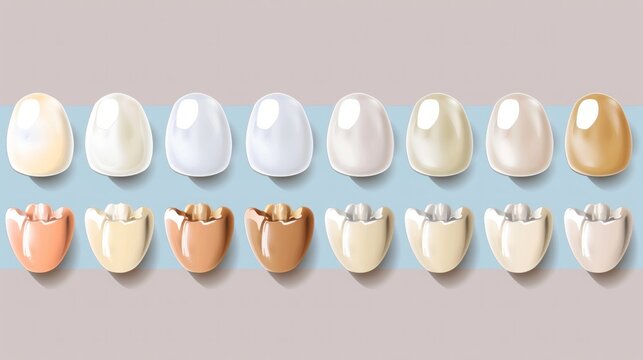 Illustration of tooth shade guide showing enamel color variations. Comparison of tooth shades for dental restoration and cosmetic dentistry reference. Generative AI