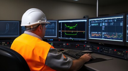 A worker in a safety helmet and vest monitors data on multiple screens in a control room, focusing on technical analysis.