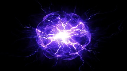 A striking abstract depiction of a glowing purple energy sphere radiating electric currents and light, set against a black background, exuding power and a futuristic aura