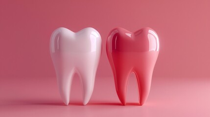 3D illustration of two teeth on a pink background, one healthy and one tinted. Conceptual design for dental health and enamel care. Generative AI