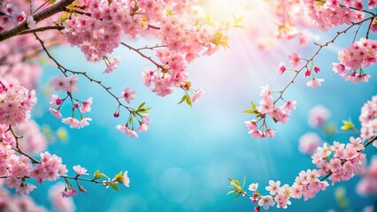 Obraz premium Delicate cherry blossoms fade into a serene blue sky, capturing the essence of spring beauty while allowing for ample creative space for nature-inspired designs.