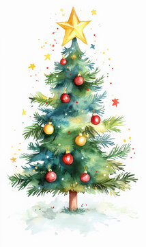Hermosa acuarela con fondo en blanco de un arbol de navidad con bolas de colores y estrella dorada en la parte superior
