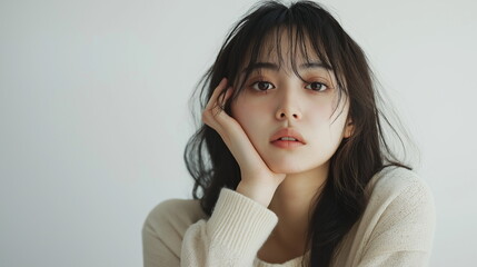 アンニュイな感じのある素朴で美しい女性がまっすぐ前を見るまなざしの画像