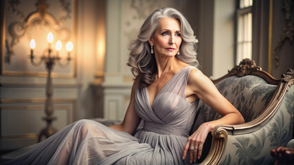Fototapeta premium Glamorous senior woman in evening gown on vintage couch