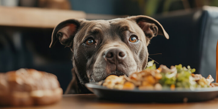 Closeup of domestic dog sitting near the table and waiting for scraps from owner's plate.