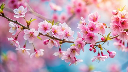 Obraz premium Delicate pink cherry blossoms adorn a tree branch, set against a soft backdrop, ideal for fashion photography and spring-inspired projects celebrating the beauty of nature.
