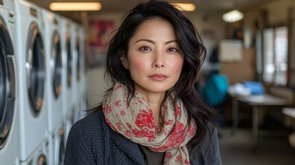 Contemplative moment Asian woman laundromat reflecting solitude and everyday life evening hours