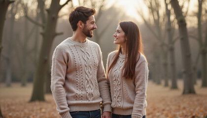 Fototapeta premium Affectionate Young Couple in Matching Beige Sweaters Standing Close in Late Autumn Park