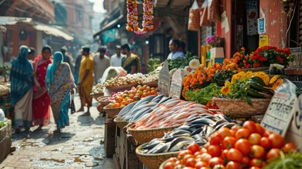 Vibrant Asian market street scene with fresh produce, fish, and people shopping.