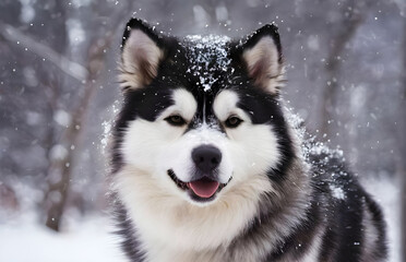 Naklejka premium Alaskan Malamute dog having fun playing in the snow.