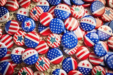 Fototapeta premium Aerial View of American Presidential Election 2016 Badges and Vote Labels, Featuring Symbols of Democracy and Civic Engagement in the United States